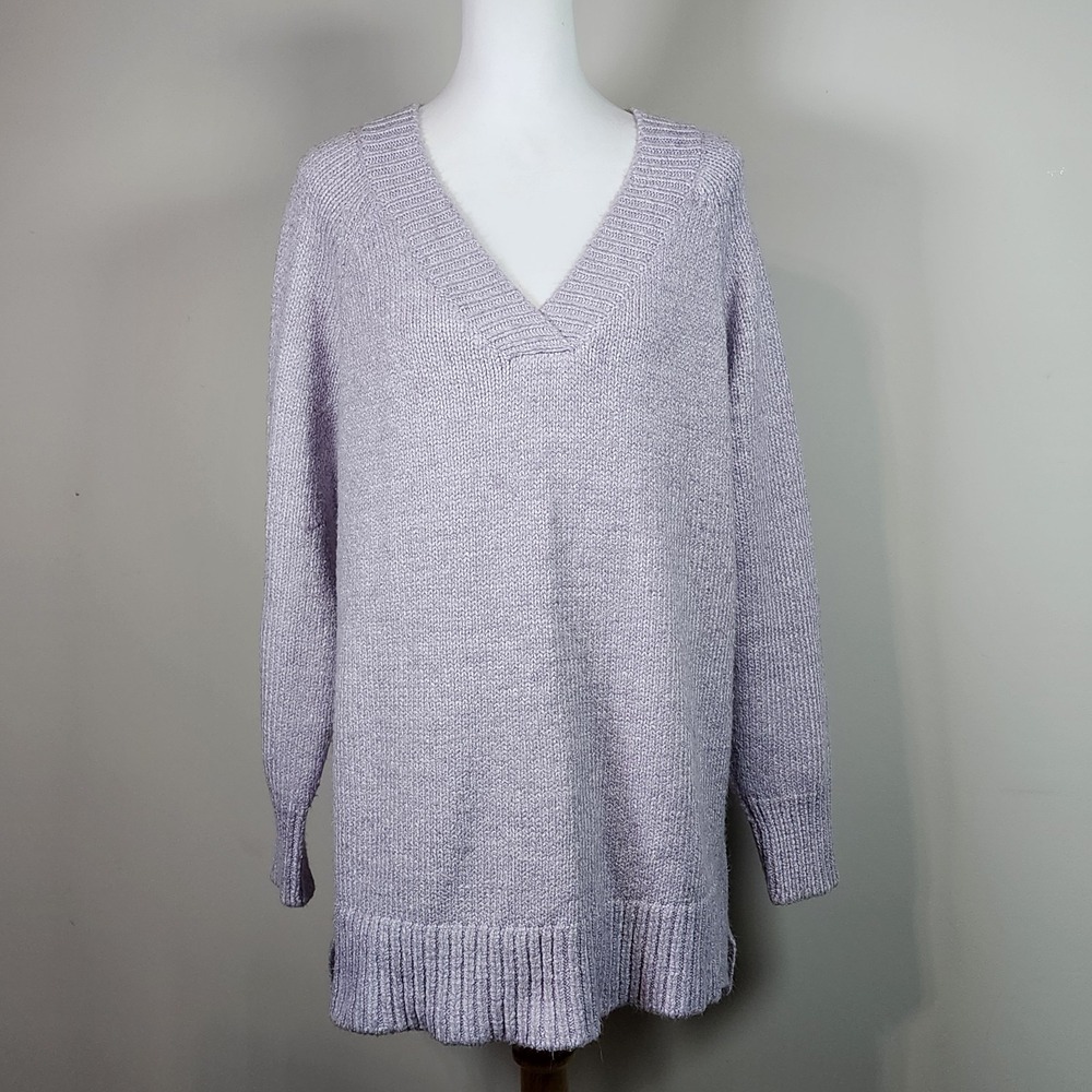 Lilac Chunky Knit Sweater Womens 1X Lavender Soft Winter Long V Neck‎ Plus Size